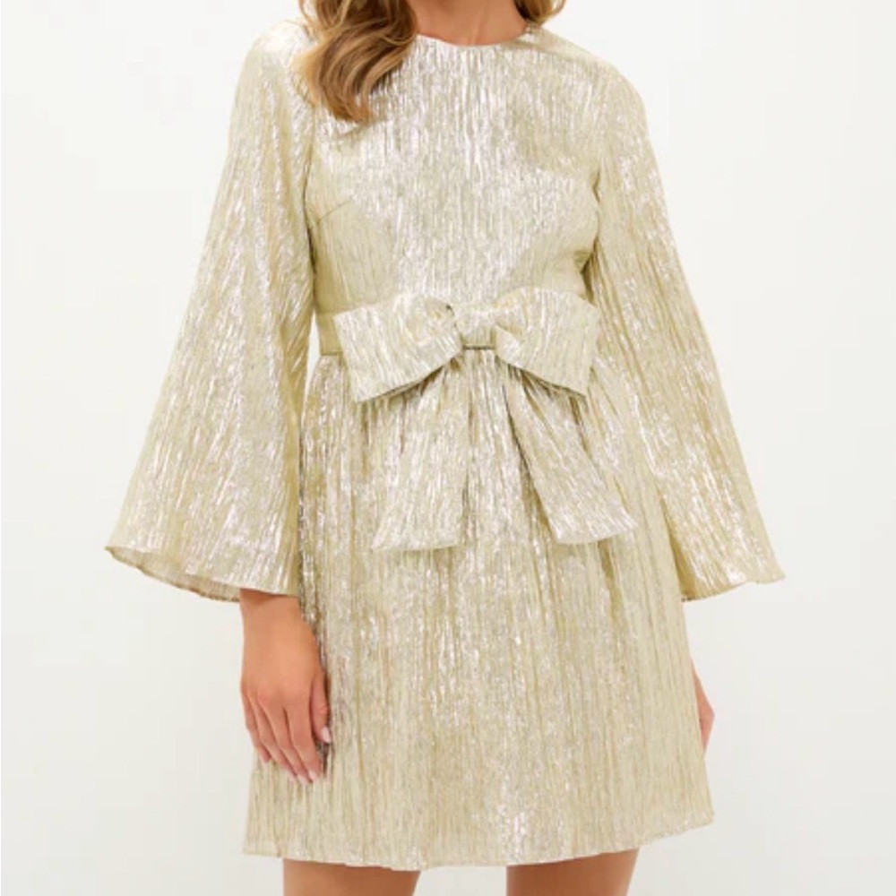 Tuckernuck Hyacinth House Gold Plisse Carol Bow Mini Dress